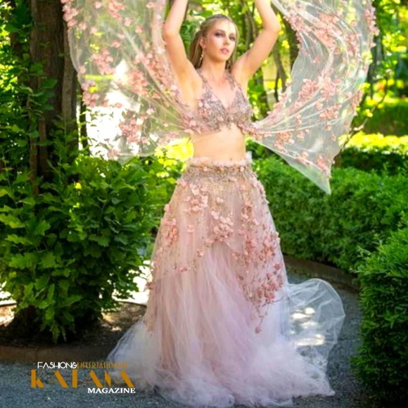 SAMPLE GOWN"TUSCANY" Blush & Rose Gold Floral Lace Tulle Wedding Ballgown Set